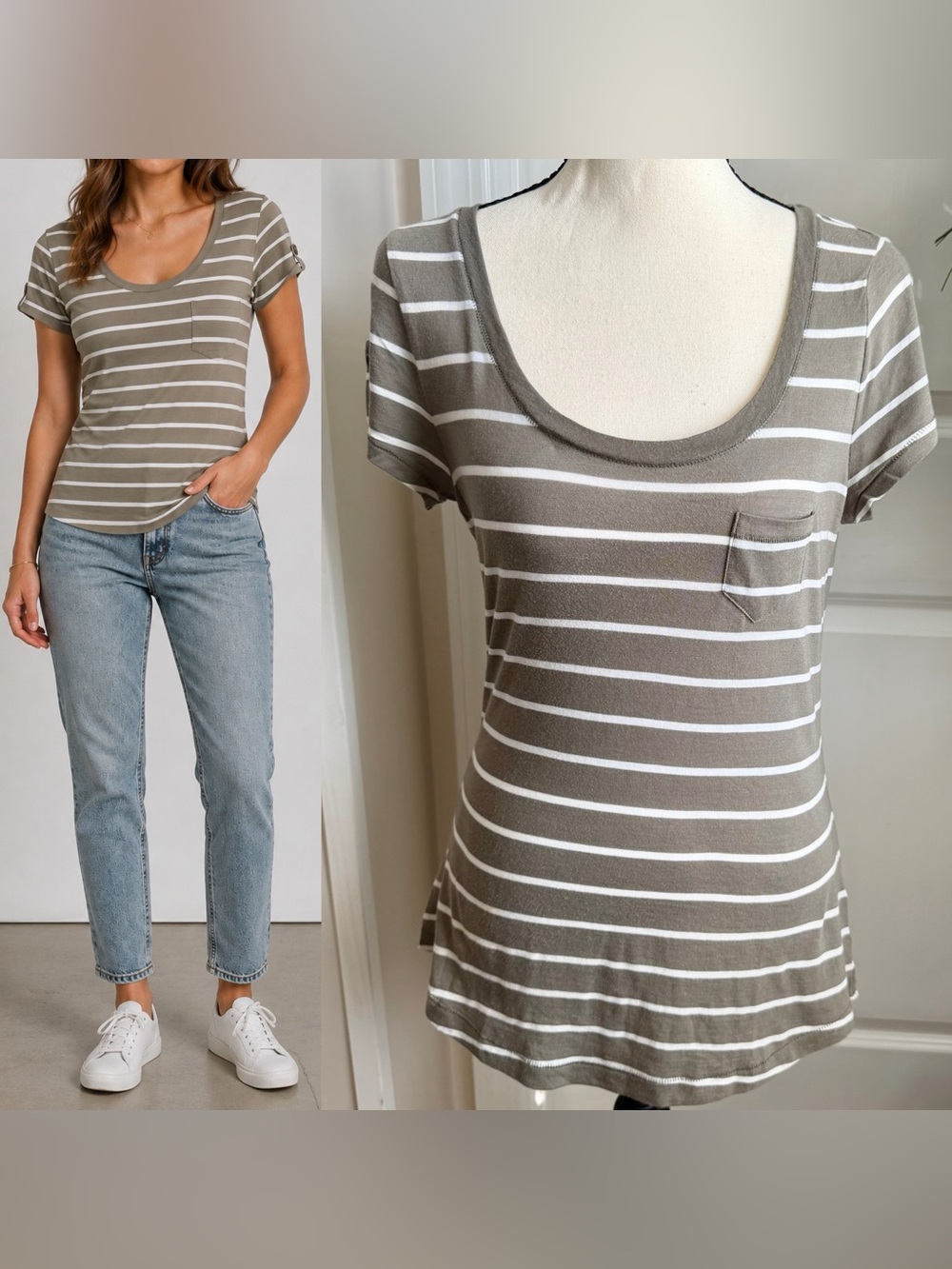 Express Striped Scoop Neck Pocket Short Sleeve Tee Top Taupe Gray Sz S